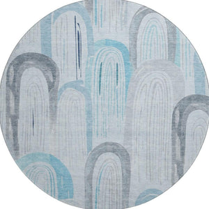 HomeRoots 8' Round Sky Blue, Gray, & Silver Geometric Washable Rug - UV Protected, Durable & Stylish Design 694625