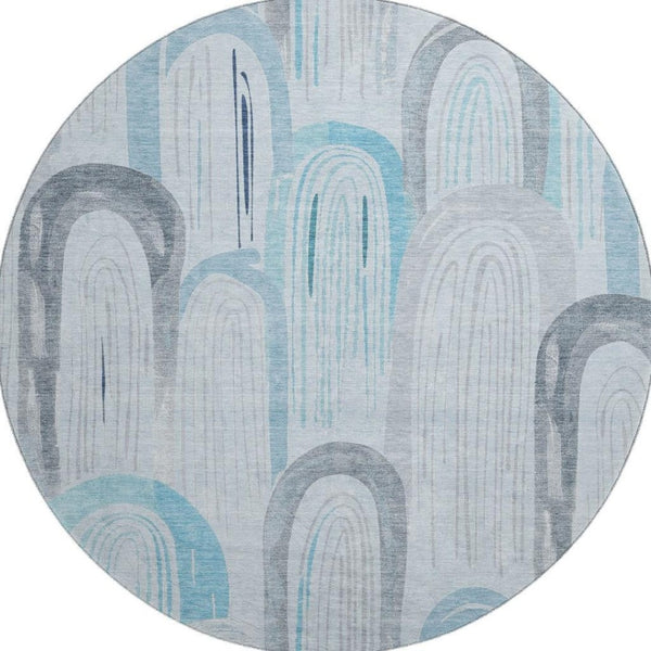 HomeRoots 8' Round Sky Blue, Gray, & Silver Geometric Washable Rug - UV Protected, Durable & Stylish Design 694625