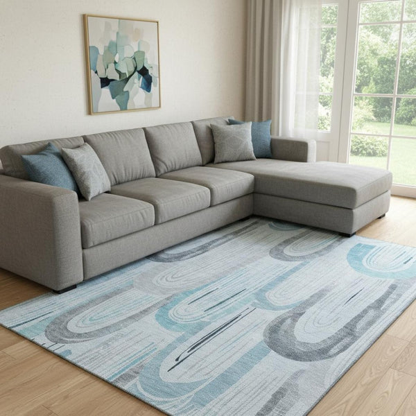 HomeRoots 8' Sky Blue Gray Silver Geometric Area Rug - Washable, UV-Protected, Durable, Modern Design for Homes 694626