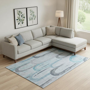 HomeRoots 9' X 12' Stylish Sky Blue Gray Silver Geometric Area Rug - Washable, UV-Protected & Non-Slip Design 694627