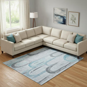 HomeRoots 10' Sky Blue Gray Silver Geometric Area Rug - Washable, UV Protected, Pet-Friendly, Stylish Design! 694628