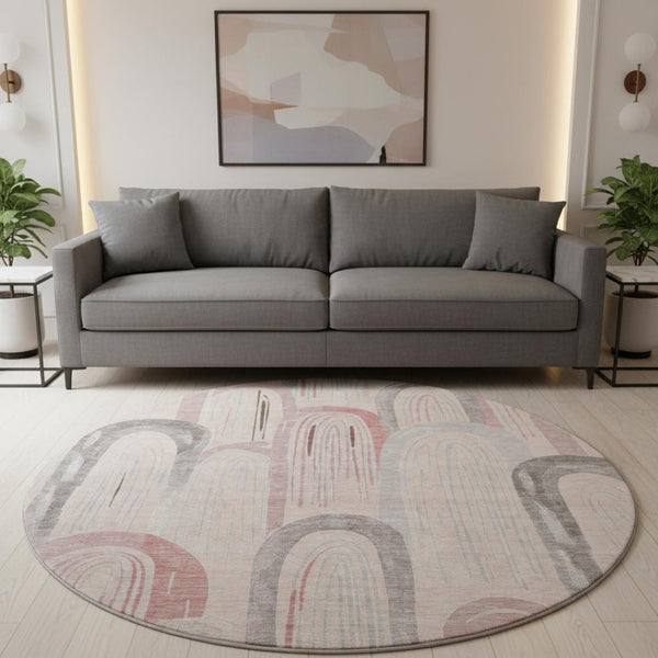HomeRoots 8' X 8' Stylish Salmon Gray & Silver Geometric Washable Round Rug with UV Protection & Durability 694631