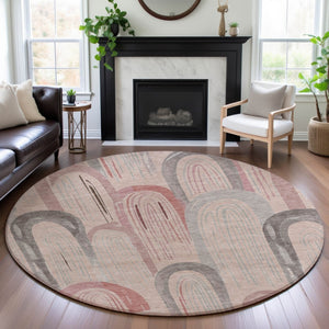 HomeRoots 8' X 8' Stylish Salmon Gray & Silver Geometric Washable Round Rug with UV Protection & Durability 694631