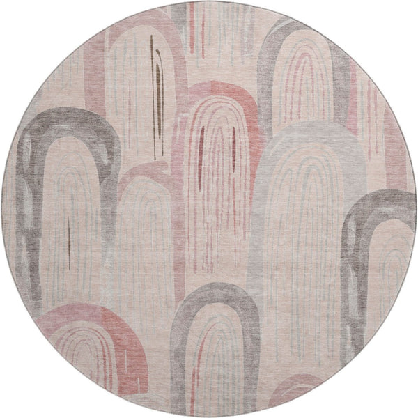 HomeRoots 8' X 8' Stylish Salmon Gray & Silver Geometric Washable Round Rug with UV Protection & Durability 694631