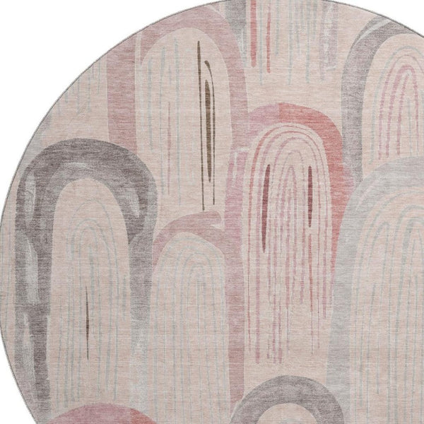 HomeRoots 8' X 8' Stylish Salmon Gray & Silver Geometric Washable Round Rug with UV Protection & Durability 694631