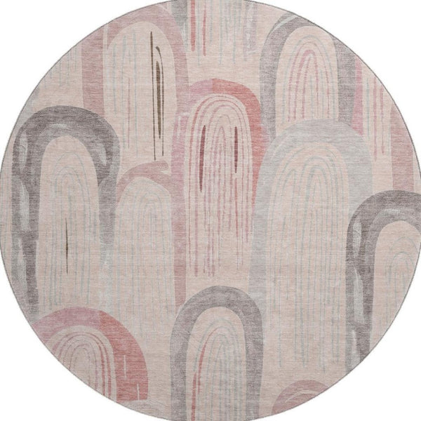 HomeRoots 8' X 8' Stylish Salmon Gray & Silver Geometric Washable Round Rug with UV Protection & Durability 694631