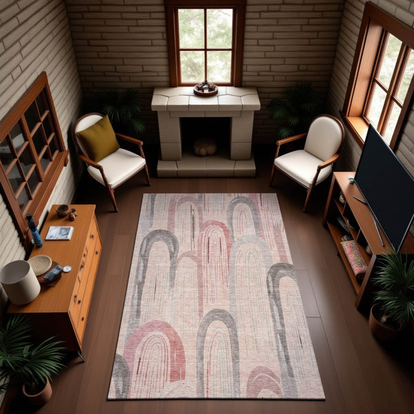 HomeRoots 9' X 12' Salmon Gray Geometric Area Rug - Stylish, Washable, UV-Protected for Homes with Pets & Kids 694633