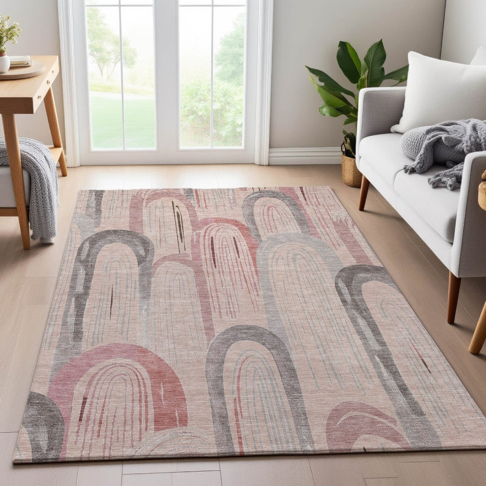 HomeRoots 9' X 12' Salmon Gray Geometric Area Rug - Stylish, Washable, UV-Protected for Homes with Pets & Kids 694633