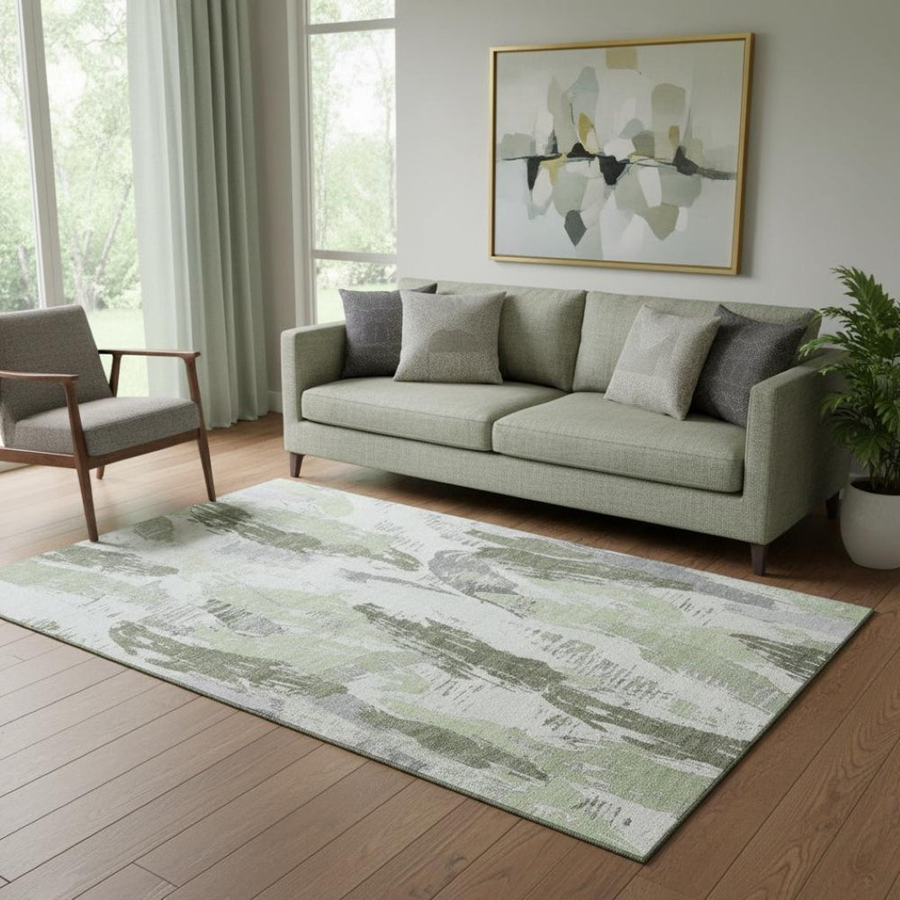 HomeRoots 5' Artichoke Green Abstract Washable Area Rug – UV Protected, Durable, Stain-Resistant, Non-Slip Design 694636