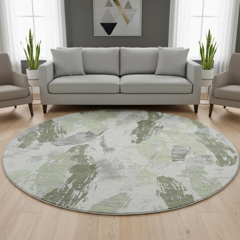 HomeRoots 8' X 8' Washable Artichoke Green, Ivory & Gray Abstract Round Rug with UV Protection & Non-Slip Backing 694637