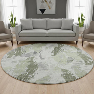 HomeRoots 8' X 8' Washable Artichoke Green, Ivory & Gray Abstract Round Rug with UV Protection & Non-Slip Backing 694637