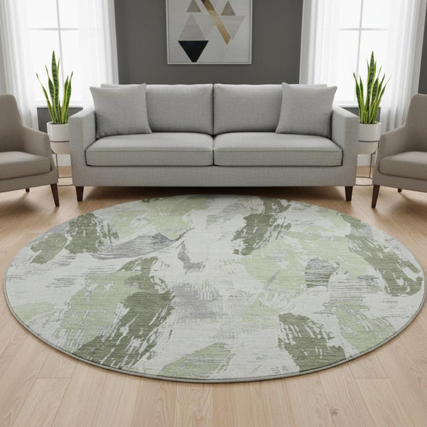 HomeRoots 8' X 8' Washable Artichoke Green, Ivory & Gray Abstract Round Rug with UV Protection & Non-Slip Backing 694637