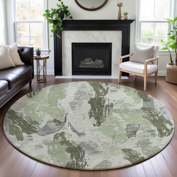 HomeRoots 8' X 8' Washable Artichoke Green, Ivory & Gray Abstract Round Rug with UV Protection & Non-Slip Backing 694637