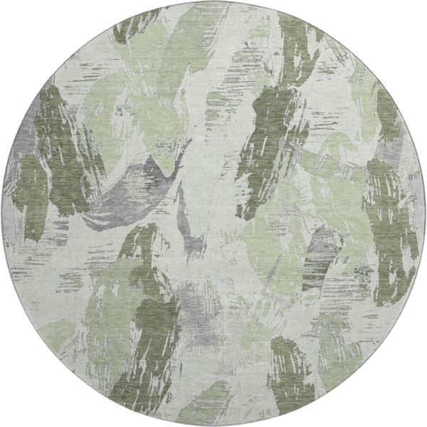 HomeRoots 8' X 8' Washable Artichoke Green, Ivory & Gray Abstract Round Rug with UV Protection & Non-Slip Backing 694637