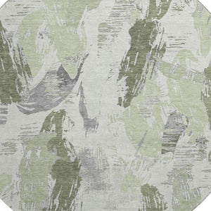 HomeRoots 8' X 8' Washable Artichoke Green, Ivory & Gray Abstract Round Rug with UV Protection & Non-Slip Backing 694637