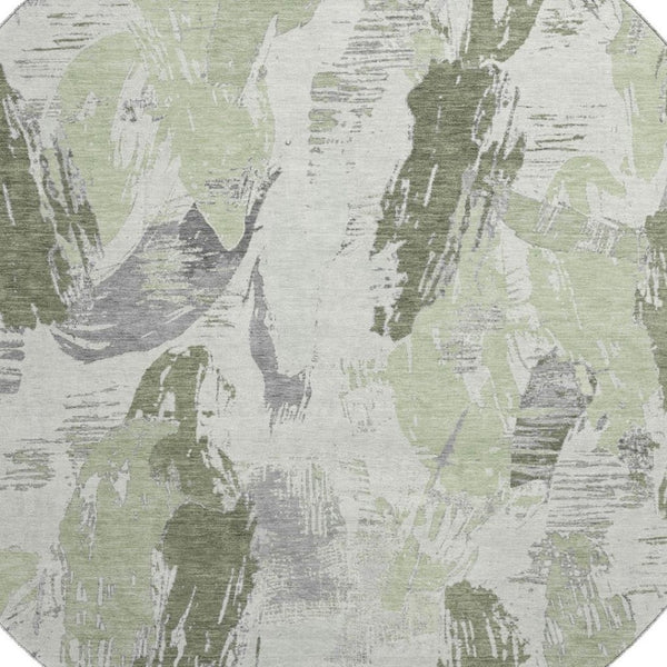 HomeRoots 8' X 8' Washable Artichoke Green, Ivory & Gray Abstract Round Rug with UV Protection & Non-Slip Backing 694637