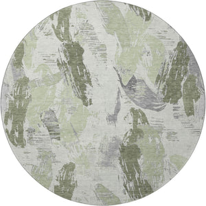HomeRoots 8' X 8' Washable Artichoke Green, Ivory & Gray Abstract Round Rug with UV Protection & Non-Slip Backing 694637