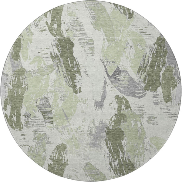 HomeRoots 8' X 8' Washable Artichoke Green, Ivory & Gray Abstract Round Rug with UV Protection & Non-Slip Backing 694637