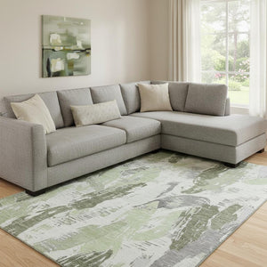 HomeRoots 8' Washable Area Rug in Artichoke Green, Ivory & Gray - UV Protected, Non-Slip, Stain Resistant Design 694638