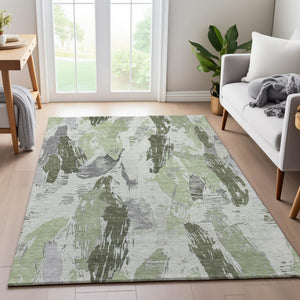 HomeRoots 8' Washable Area Rug in Artichoke Green, Ivory & Gray - UV Protected, Non-Slip, Stain Resistant Design 694638