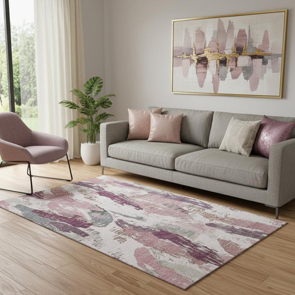HomeRoots 5' X 8' Blush Purple & Ivory Abstract Area Rug - Stylish, Washable, UV-Protected, Durable Design! 694642