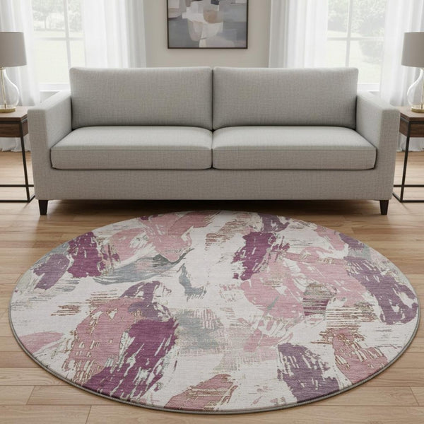 HomeRoots 8' X 8' Stylish Blush Purple & Ivory Abstract Washable Round Rug with UV Protection & Durability 694643
