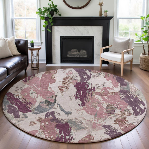 HomeRoots 8' X 8' Stylish Blush Purple & Ivory Abstract Washable Round Rug with UV Protection & Durability 694643