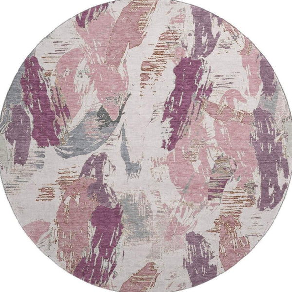 HomeRoots 8' X 8' Stylish Blush Purple & Ivory Abstract Washable Round Rug with UV Protection & Durability 694643