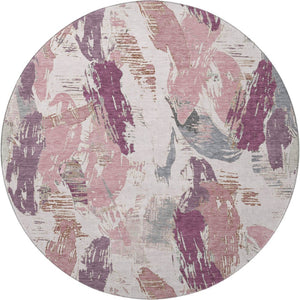 HomeRoots 8' X 8' Stylish Blush Purple & Ivory Abstract Washable Round Rug with UV Protection & Durability 694643