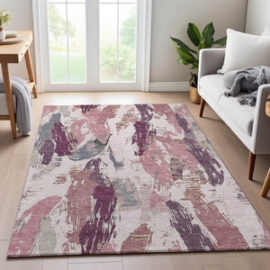 HomeRoots 9' X 12' Washable Blush Purple & Ivory Abstract Area Rug with UV Protection for Modern Spaces 694645