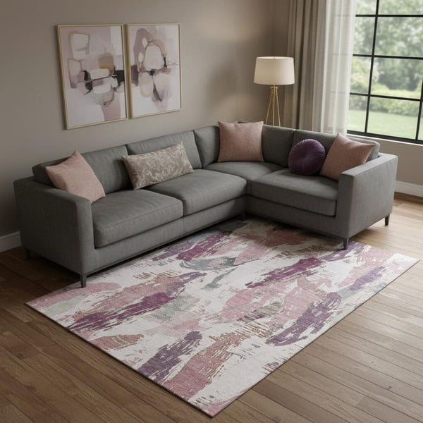 HomeRoots 10' Blush Purple & Ivory Abstract Area Rug - Washable, UV Protected, Stain Resistant for Modern Spaces 694646