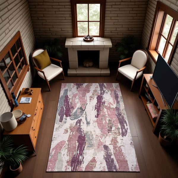 HomeRoots 10' Blush Purple & Ivory Abstract Area Rug - Washable, UV Protected, Stain Resistant for Modern Spaces 694646