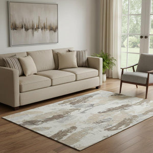 HomeRoots 5' X 8' Washable Ivory Khaki Taupe Area Rug - Modern Abstract Design with UV Protection & Durability 694648