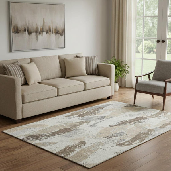 HomeRoots 5' X 8' Washable Ivory Khaki Taupe Area Rug - Modern Abstract Design with UV Protection & Durability 694648
