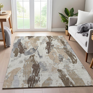 HomeRoots 5' X 8' Washable Ivory Khaki Taupe Area Rug - Modern Abstract Design with UV Protection & Durability 694648