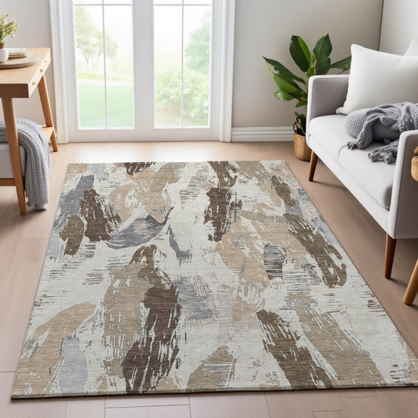 HomeRoots 5' X 8' Washable Ivory Khaki Taupe Area Rug - Modern Abstract Design with UV Protection & Durability 694648