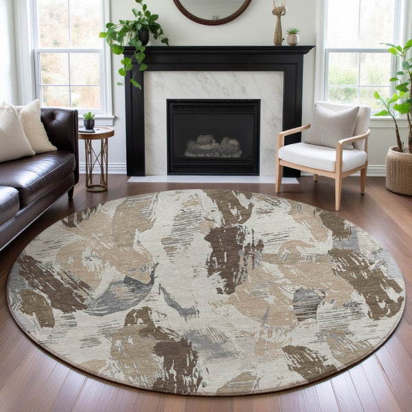 HomeRoots 8' X 8' Washable Round Rug in Ivory Khaki Taupe - UV Protected, Stain Resistant, Family Friendly Design 694649