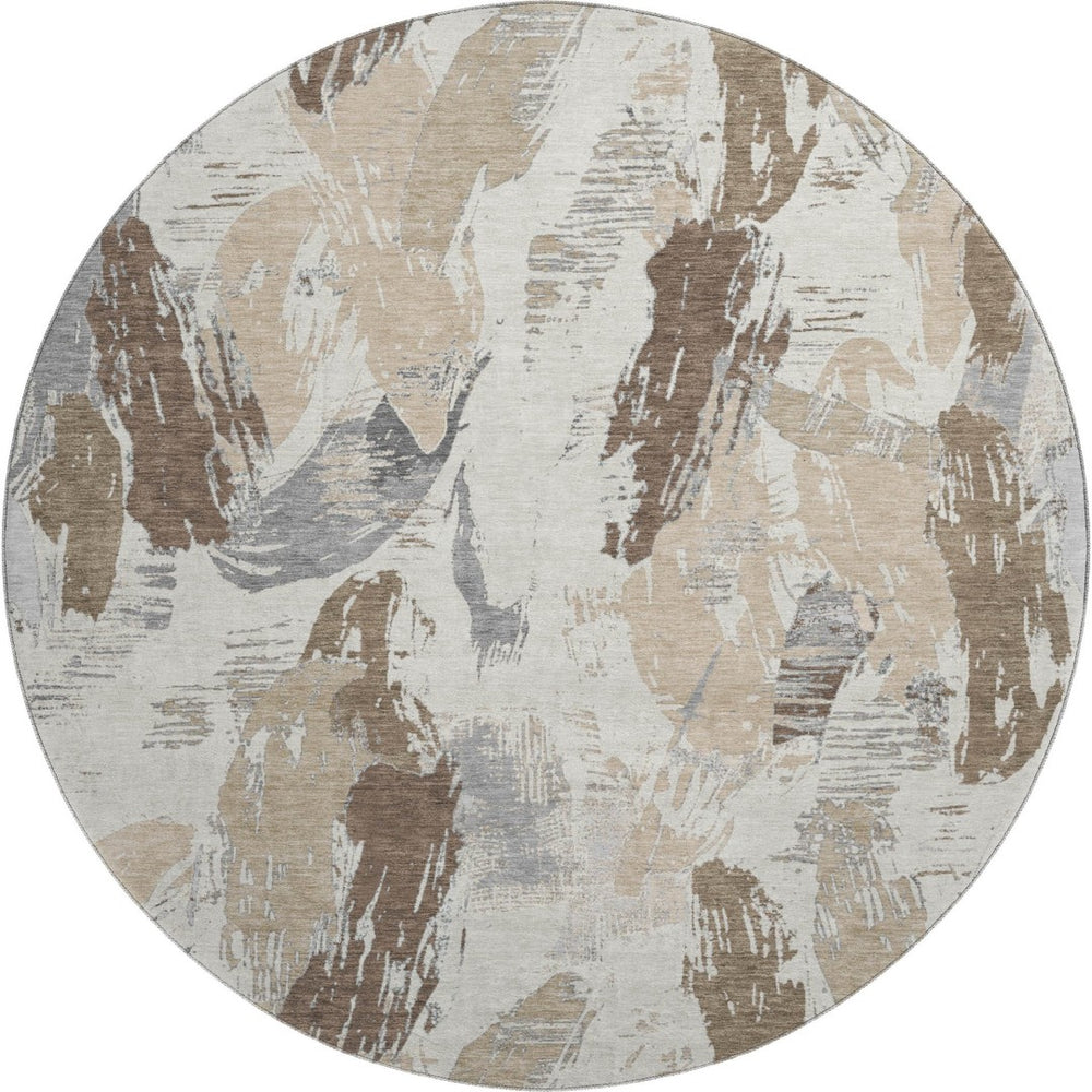 HomeRoots 8' X 8' Washable Round Rug in Ivory Khaki Taupe - UV Protected, Stain Resistant, Family Friendly Design 694649
