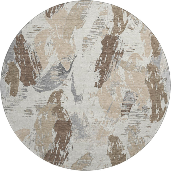 HomeRoots 8' X 8' Washable Round Rug in Ivory Khaki Taupe - UV Protected, Stain Resistant, Family Friendly Design 694649