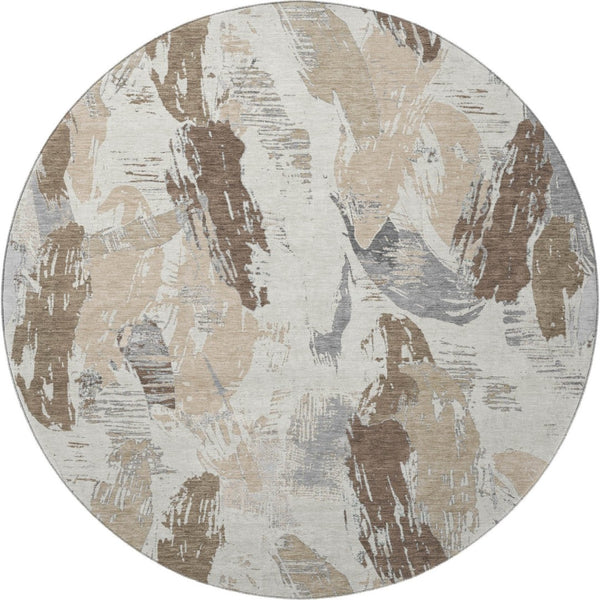HomeRoots 8' X 8' Washable Round Rug in Ivory Khaki Taupe - UV Protected, Stain Resistant, Family Friendly Design 694649