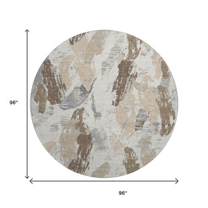 HomeRoots 8' X 8' Washable Round Rug in Ivory Khaki Taupe - UV Protected, Stain Resistant, Family Friendly Design 694649