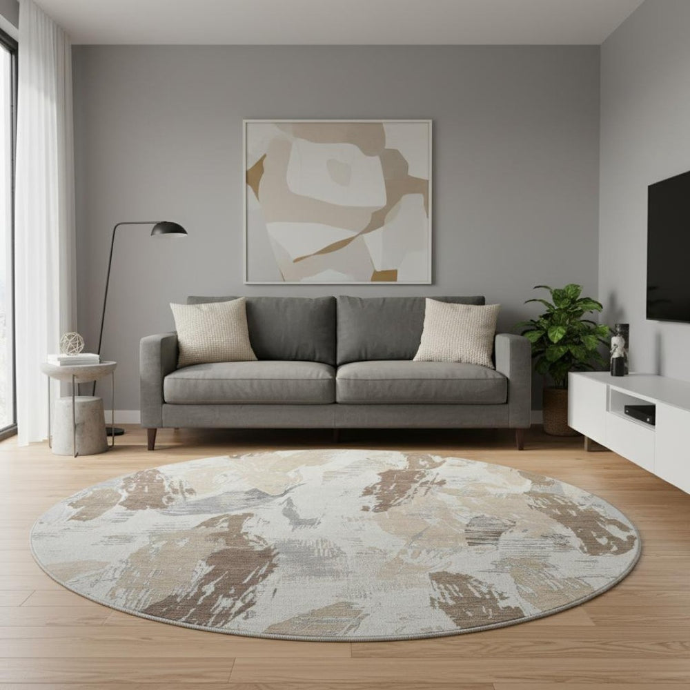 HomeRoots 8' X 8' Washable Round Rug in Ivory Khaki Taupe - UV Protected, Stain Resistant, Family Friendly Design 694649