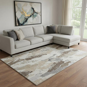 HomeRoots 8' Elegant Ivory Khaki Taupe Abstract Area Rug - Washable, UV-Protected, Stain-Resistant, Durable 694650
