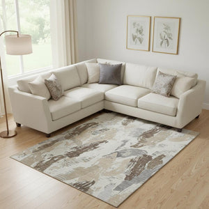 HomeRoots 9' X 12' Washable Ivory Khaki Taupe Area Rug - Durable, Stain-Resistant, UV Protected for Modern Spaces 694651