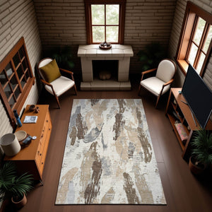HomeRoots 9' X 12' Washable Ivory Khaki Taupe Area Rug - Durable, Stain-Resistant, UV Protected for Modern Spaces 694651
