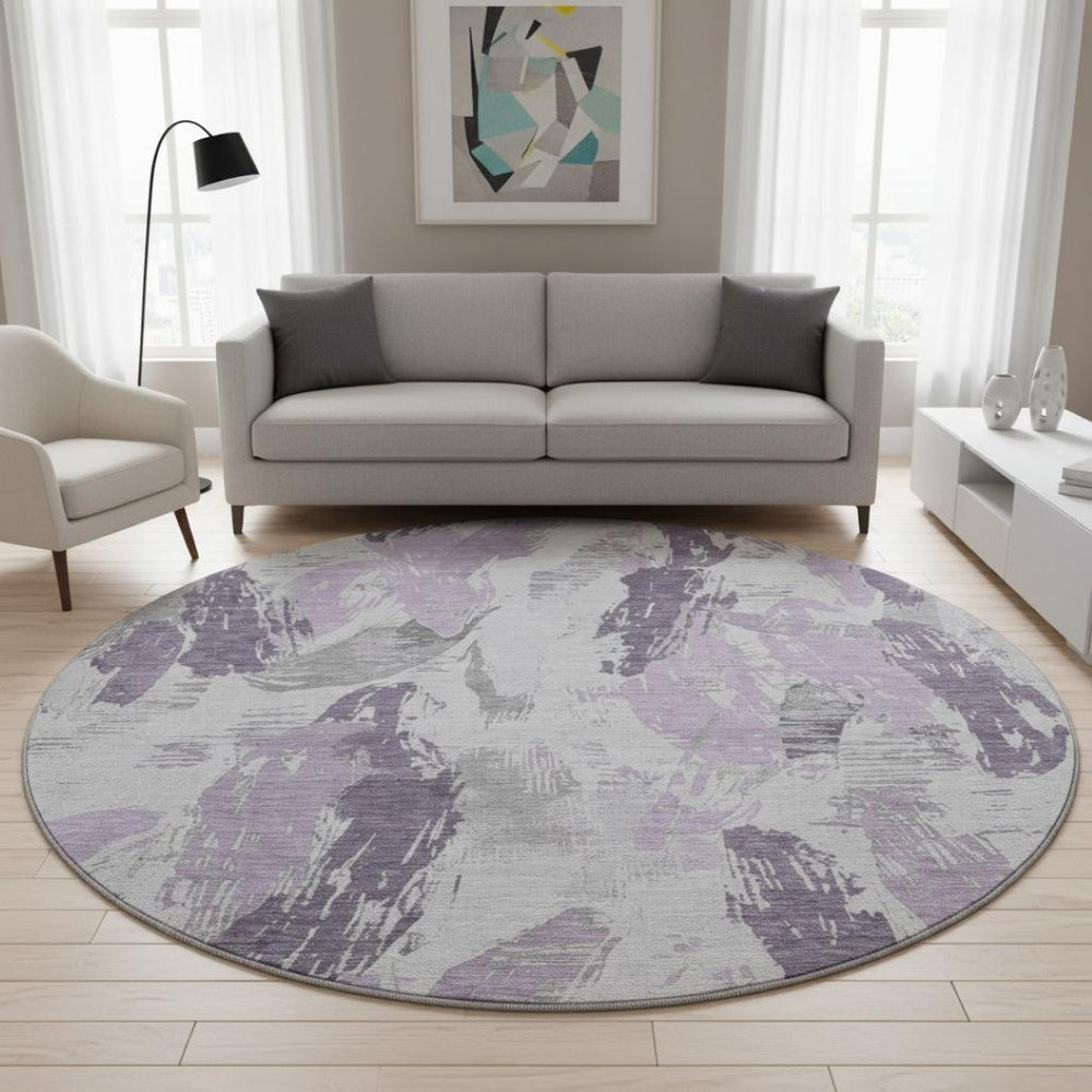 HomeRoots 8' X 8' Stylish Lavender, Ivory & Gray Abstract Round Rug - Washable, UV Protected & Durable Design 694655