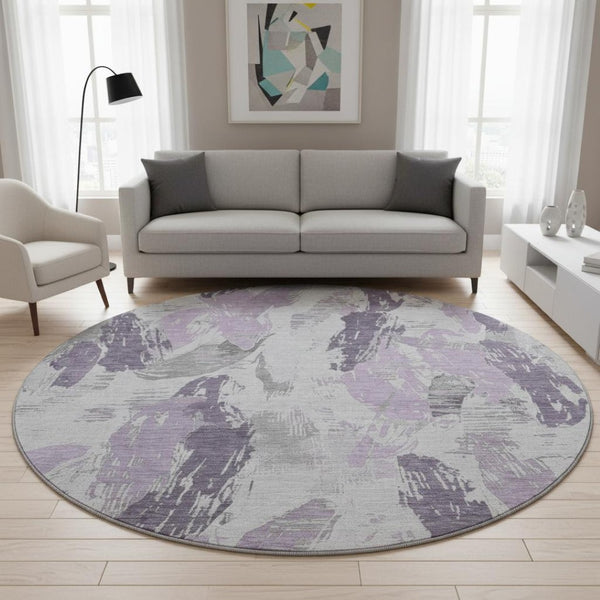 HomeRoots 8' X 8' Stylish Lavender, Ivory & Gray Abstract Round Rug - Washable, UV Protected & Durable Design 694655