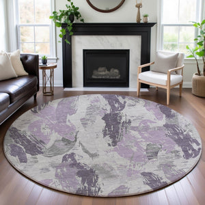HomeRoots 8' X 8' Stylish Lavender, Ivory & Gray Abstract Round Rug - Washable, UV Protected & Durable Design 694655
