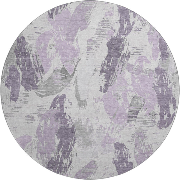 HomeRoots 8' X 8' Stylish Lavender, Ivory & Gray Abstract Round Rug - Washable, UV Protected & Durable Design 694655