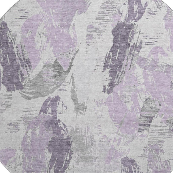 HomeRoots 8' X 8' Stylish Lavender, Ivory & Gray Abstract Round Rug - Washable, UV Protected & Durable Design 694655